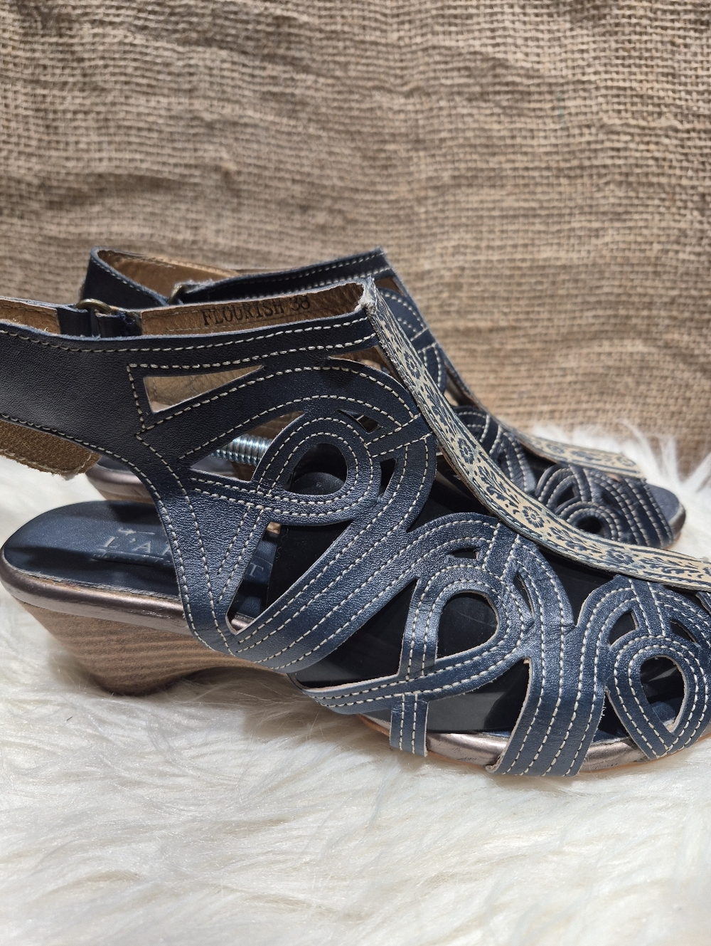 L'ATISTE Navy Blue Flourish Cutout Wedge Sandals 38